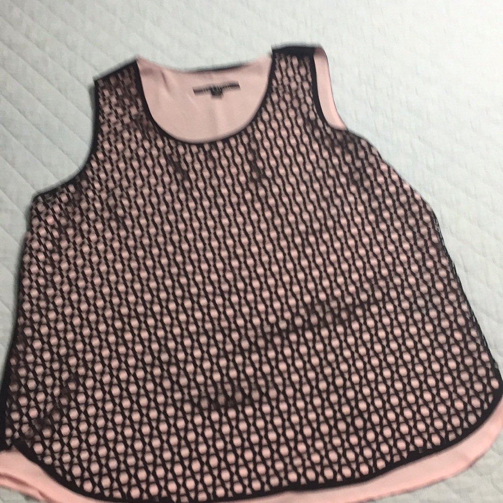 Womens Pink Sleeveless Layered Shell Top with Black Crochet Overlay